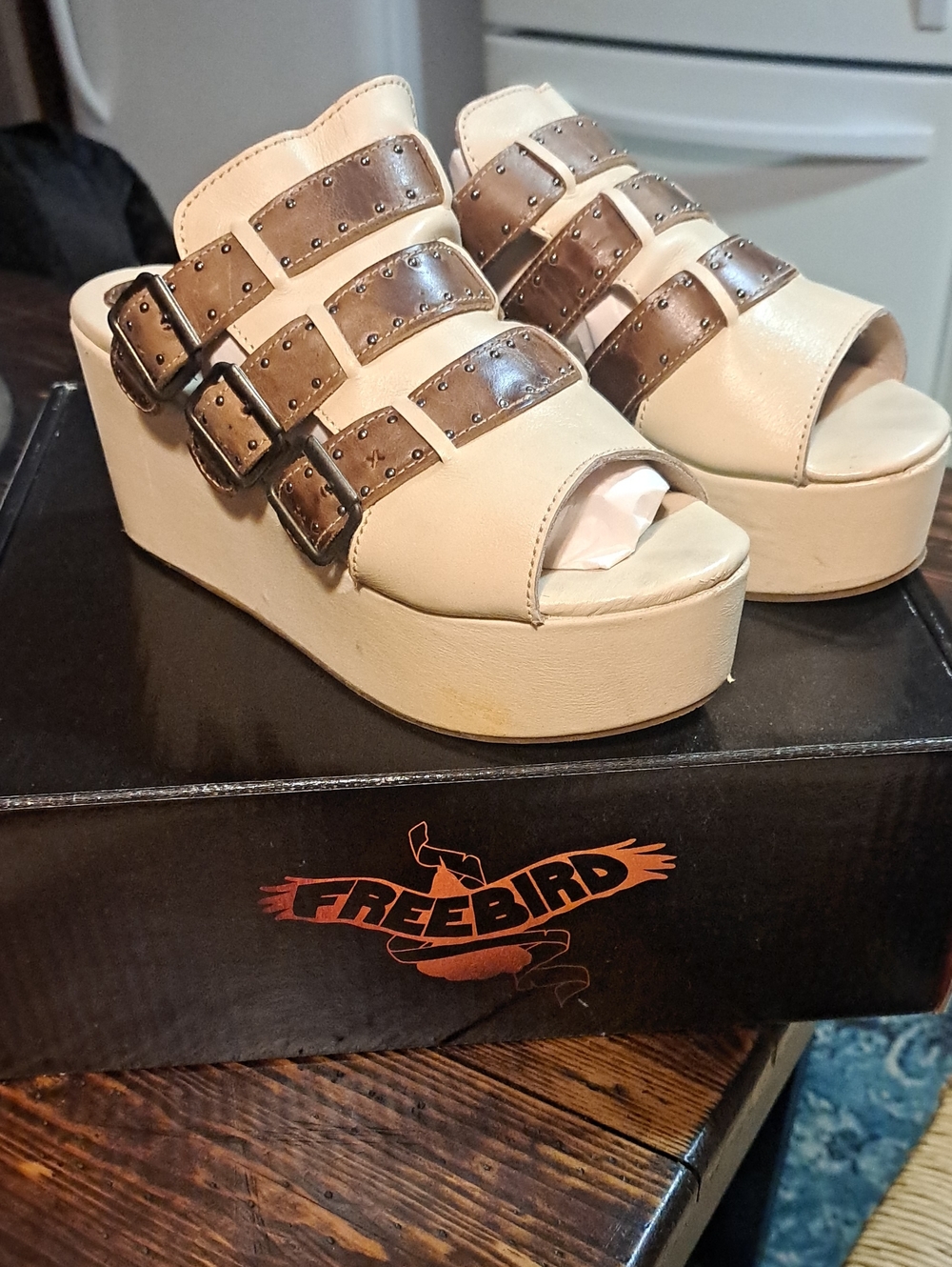 Freebird by Steven Cream Platform Slide Sandals with Brown Buckle Straps